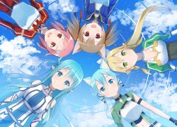 Rule 34 | .com (bot com1), 5girls, :d, animal ears, armor, asuna (sao-alo), black ribbon, blonde hair, blue eyes, blue hair, breastplate, breasts, brown hair, cat ears, choker, cleavage, cloud, floating hair, from above, green eyes, hair between eyes, hair ornament, hair ribbon, hairclip, leafa, lisbeth (sao-alo), long hair, looking at viewer, lying, medium breasts, midriff, multiple girls, navel, on back, open mouth, outdoors, pink hair, pointy ears, ponytail, red eyes, reflection, reflective water, ribbon, short hair with long locks, silica, silica (sao-alo), sinon (sao-alo), sky, smile, stomach, sword art online, very long hair, white ribbon