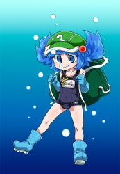 Rule 34 | 1girl, backpack, bag, blue eyes, blue hair, boots, byourou, character name, chibi, hair bobbles, hair ornament, hat, kawashiro nitori, key, matching hair/eyes, one-piece swimsuit, school swimsuit, short hair, solo, swimsuit, touhou, twintails, two side up, underwater