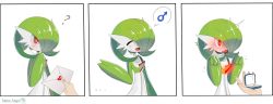 Rule 34 | ..., 1boy, 3koma, ?, ^^^, ^ ^, absurdres, adam angel, artist name, blush, bob cut, border, bright pupils, clenched hands, closed eyes, closed mouth, colored skin, comic, creatures (company), embarrassed, envelope, full-face blush, game freak, gardevoir, gen 3 pokemon, green hair, green skin, hair over one eye, hand to own mouth, hand up, hands up, heart, highres, holding, holding envelope, holding jewelry, holding ring, jewelry, letter, light blush, love letter, male focus, mars symbol, multicolored skin, multiple views, nervous, nervous smile, nintendo, one eye covered, pokemon, pokemon (creature), pov, marriage proposal, red eyes, ring, ring box, shiny skin, short hair, simple background, smile, solo focus, speech bubble, spoken mars symbol, standing, surprised, sweat, trap, trembling, two-tone skin, upper body, watermark, wavy mouth, wedding ring, white background, white border, white pupils, white skin, wide-eyed, yaoi