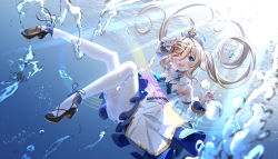 Rule 34 | 1girl, :d, arm up, barbara (genshin impact), bare shoulders, black footwear, blonde hair, blue eyes, breasts, dated, detached sleeves, dress, genshin impact, hair between eyes, hair ornament, hand on forehead, hat, highres, lazy guang guang, long hair, long sleeves, looking at viewer, musical note, one eye closed, open mouth, pantyhose, rainbow gradient, signature, small breasts, smile, solo, staff (music), thighs, twintails, underwater, white dress, white hat, white pantyhose