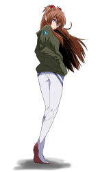Rule 34 | 1girl, absurdres, ass, blue eyes, bodysuit, breasts, brown hair, closed jacket, closed mouth, evangelion: 3.0+1.0 thrice upon a time, eyepatch, from behind, full body, green jacket, hair ornament, hands in pockets, highres, interface headset, jacket, long hair, looking at viewer, medium breasts, neon genesis evangelion, pilot suit, plugsuit, rebuild of evangelion, sashimi (sasihmi), solo, souryuu asuka langley, white background, white bodysuit, wide hips