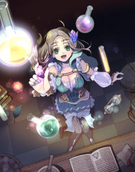 Rule 34 | 1girl, :d, armlet, atelier (series), atelier firis, blue skirt, book, boots, breasts, chair, circlet, cleavage, female focus, firis mistlud, flask, flower, from above, gem, globe, green eyes, grey hair, kuromame (honey 728), large breasts, leaf, long hair, looking at viewer, open mouth, pleated skirt, see-through, sitting, skirt, smile, solo, thigh boots, thighhighs