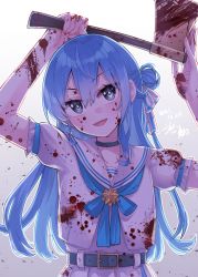 Rule 34 | 1girl, arms up, axe, belt, black belt, black choker, black eyes, blood, blood on axe, blood on clothes, bloody weapon, blue bow, blue hair, blush, bow, choker, commentary request, dated, earrings, gradient background, hair between eyes, hair bun, hair ribbon, head tilt, highres, hikawa shou, holding, holding axe, hololive, hoshimachi suisei, hoshimachi suisei (school uniform), jacket, jewelry, long hair, looking at viewer, open mouth, ribbon, sailor collar, short sleeves, signature, simple background, single hair bun, smile, solo, star (symbol), star in eye, symbol in eye, upper body, virtual youtuber, weapon, white jacket, white ribbon, white sailor collar