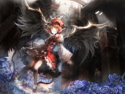Rule 34 | 1girl, alternate hair color, animal ears, anklet, arm garter, asuka shirou, bird, black wings, blue flower, blue rose, blush, bonnet, bow, bowtie, brown hair, closed mouth, dutch angle, female focus, fingernails, flower, flying, hat, highres, jewelry, knees together feet apart, looking at viewer, mystia lorelei, pink eyes, pink hair, puffy sleeves, rose, short hair, skirt, smile, solo, solo focus, touhou, vest, wings
