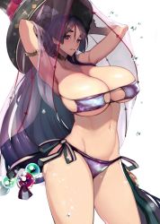 Rule 34 | 1girl, arm behind head, armlet, armpits, arms up, bare shoulders, beads, bikini, blush, breasts, choker, cleavage, collarbone, commentary request, cowboy shot, eyepatch bikini, fate/grand order, fate (series), gold trim, highres, hip focus, huge breasts, ichimegasa, kamaboko (ossann0125), long hair, looking at viewer, low-tied long hair, minamoto no raikou (fate), minamoto no raikou (fate/grand order), minamoto no raikou (swimsuit lancer) (fate), minamoto no raikou (swimsuit lancer) (first ascension) (fate), navel, parted bangs, parted lips, purple bikini, purple eyes, purple hair, side-tie bikini bottom, smile, solo, sparkle, swimsuit, thick eyebrows, thighs, veil, very long hair, white background