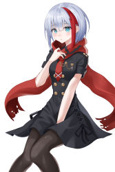 Rule 34 | 1girl, absurdres, admiral graf spee (azur lane), admiral graf spee (girl&#039;s sunday) (azur lane), aqua eyes, azur lane, bad id, bad pixiv id, between legs, black dress, black pantyhose, blush, breasts, dress, guntree, hand between legs, highres, invisible chair, looking at viewer, medal, medium breasts, multicolored hair, necktie, pantyhose, red hair, red necktie, scarf, short hair, short sleeves, silver hair, simple background, sitting, solo, two-tone hair, white background