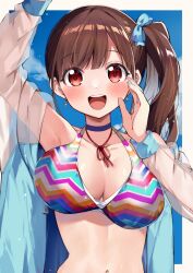 Rule 34 | 1girl, alternate hairstyle, arm up, armpits, bare shoulders, beeftanizoko, bikini, blue choker, blue ribbon, blue sky, border, bow, breasts, brown hair, choker, cleavage, cloud, collarbone, commentary, day, dot nose, earrings, green nails, hair bow, hair ribbon, hand up, highres, idolmaster, idolmaster shiny colors, jacket, jewelry, large breasts, long hair, long sleeves, looking at viewer, multicolored bikini, multicolored clothes, multicolored nails, nail polish, navel, neck ribbon, open clothes, open jacket, open mouth, outside border, pink nails, red eyes, red ribbon, ribbon, see-through, see-through jacket, see-through sleeves, side ponytail, sky, smile, solo, sonoda chiyoko, swimsuit, teeth, upper body, upper teeth only, white border, zipper pull tab