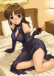 Rule 34 | 00s, 1girl, akizuki ritsuko, alcohol, antenna hair, ass, back, bare shoulders, barefoot, bed, bed sheet, black dress, breasts, brown eyes, brown hair, choker, cleavage, cupping glass, dress, drunk, elbow gloves, evening gown, feet, glass, glasses, gloves, hair down, hida tatsuo, idolmaster, idolmaster (classic), legs, long dress, long hair, shy, solo, wine