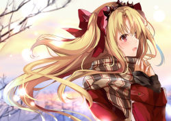 Rule 34 | 1girl, :d, bad id, bad pixiv id, bare tree, black shirt, blonde hair, branch, brown scarf, coat, commentary request, day, ereshkigal (fate), fate/grand order, fate (series), floating hair, from side, hair ornament, hair ribbon, hairband, hands up, long hair, long sleeves, open mouth, outdoors, plaid, plaid scarf, pon (ponidrop), red coat, red eyes, red ribbon, ribbon, scarf, shirt, sidelocks, sleeves past wrists, smile, snowing, solo, tareme, tree, two side up, upper body, winter clothes