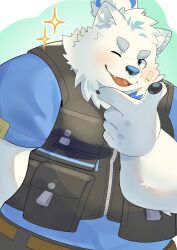 Rule 34 | 1boy, absurdres, amidasuke, animal ears, bandaid, bandaid on face, bara, belt, black vest, blue eyes, blue fur, blue shirt, dog boy, dog ears, finger to own chin, furry, furry male, highres, large hands, live a hero, male focus, one eye closed, open mouth, pants, pocket, ponytail, shirt, solo, thick eyebrows, upper body, vest, white fur, yohack