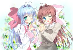 Rule 34 | ahoge, antenna hair, asakura otome, blue eyes, blue hair, blush, bow, brown hair, character request, collared dress, commentary request, da capo, da capo ii, dress, floral background, green eyes, hair between eyes, hair bow, hair intakes, heart, heart hands, index finger raised, kayura yuka, long hair, long sleeves, looking at viewer, one eye closed, open mouth, pink bow, sidelocks, smile, white dress