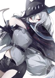 Rule 34 | 1girl, ankoro mochi, arknights, ascot, belt, black belt, black capelet, black gloves, black hat, black pants, breasts, capelet, clothing cutout, commentary, covered mouth, cowboy shot, gloves, grey ascot, grey shirt, hair between eyes, hat, highres, holding, holding sword, holding weapon, long hair, looking to the side, low-tied long hair, medium breasts, midriff, pants, red eyes, shirt, silver hair, simple background, skadi (arknights), solo, sword, thigh cutout, v-shaped eyebrows, very long hair, weapon, white background