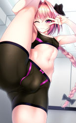 Rule 34 | 1boy, aka syakkou, alternate costume, armpits, astolfo (fate), bike shorts, black bow, black sports bra, blush, bow, braid, braided ponytail, bulge, closed mouth, commentary request, cowboy shot, fate/apocrypha, fate (series), gluteal fold, hair between eyes, hair bow, hair intakes, highres, holding leg, indoors, kneepits, leg lift, leg up, long braid, long hair, looking at viewer, male focus, navel, one eye closed, pink bow, pink eyes, pink hair, ponytail, single braid, skin tight, smile, solo, split, sports bra, sportswear, standing, standing on one leg, standing split, stretching, thighs, toned, toned male, trap, v