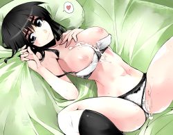 Rule 34 | 00s, 1girl, bed, black hair, bow, bow panties, bra, bra pull, breasts, censored, clothes pull, clothing aside, cosaten, cum, cum in pussy, cum on body, cum on breasts, cum on upper body, cumdrip, grey eyes, heart, large breasts, long hair, lying, panties, panties aside, pussy, school rumble, solo, spoken heart, suou mikoto (school rumble), sweat, underwear, underwear only