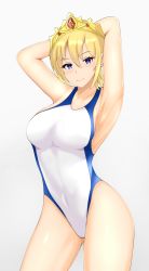 Rule 34 | 1girl, armpits, arms behind head, blonde hair, blue eyes, breasts, commentary request, competition swimsuit, contrapposto, covered navel, cowboy shot, europa (granblue fantasy), granblue fantasy, highres, large breasts, looking at viewer, one-piece swimsuit, shira hon, short hair, simple background, solo, standing, swimsuit, tiara, white background, white one-piece swimsuit