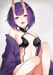 Rule 34 | 1girl, bad id, bad twitter id, bare shoulders, blush, bokokichi (you), breasts, commentary request, fangs, fate/grand order, fate (series), horns, japanese clothes, kimono, knees up, looking at viewer, off shoulder, oni, open clothes, open kimono, open mouth, purple eyes, purple hair, purple kimono, revealing clothes, short hair, shuten douji (fate), simple background, sitting, skin-covered horns, small breasts, solo, tsurime