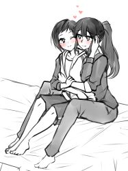 Rule 34 | 2girls, barefoot, blush, commentary, greyscale, heart, hug, hug from behind, jacket, komano hina, long hair, looking at another, monochrome, multiple girls, okujou no yurirei-san, one eye closed, open clothes, open jacket, pants, ponytail, short hair, shorts, sitting, sitting on lap, sitting on person, sketch, spot color, toomi yuna, twrlare, yuri