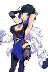 Rule 34 | 1girl, absurdres, arms behind head, blue dress, blue hair, bob cut, breasts, cleavage, closed mouth, clothing cutout, commentary request, detached sleeves, diagonal bangs, dice, dress, fishnets, fur trim, genshin impact, gold trim, green eyes, highres, jacket, legs apart, long sleeves, looking at viewer, medium breasts, mirei-yume, off shoulder, simple background, single bare arm, single detached sleeve, smile, solo, standing, tassel, white background, white jacket, yelan (genshin impact)