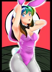 Rule 34 | 1girl, absurdres, animal ears, arms behind head, black bow, black bowtie, black hair, blue eyes, bow, bowtie, breasts, card, card background, commentary request, cowboy shot, detached collar, fake animal ears, fishnet pantyhose, fishnets, grey pantyhose, hanafuda, highres, leotard, looking at viewer, lum, multicolored hair, nanao futaba, pantyhose, pink leotard, playboy bunny, rabbit ears, rabbit girl, rabbit tail, small breasts, solo, strapless, strapless leotard, tail, urusei yatsura, wrist cuffs