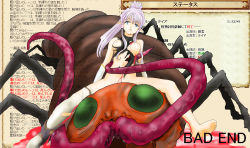 Rule 34 | blood, breasts, broken, bug, death, empty eyes, ending, giant, green eyes, impaled, monster, nude, pointy ears, purple hair, taka (pixiv33768), tentacles, text focus