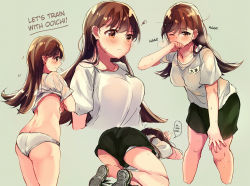 Rule 34 | 1girl, alternate costume, ass, blush, breasts, brown eyes, brown hair, butt crack, collarbone, covering own mouth, green footwear, green shorts, grey background, hand on own knee, hard-translated, heavy breathing, kantai collection, large breasts, long hair, medium breasts, multiple views, name tag, nanahamu, one eye closed, ooi (kancolle), panties, shirt, shoes, short sleeves, shorts, simple background, skindentation, sneakers, t-shirt, third-party edit, translated, underwear, undressing, white panties, white shirt
