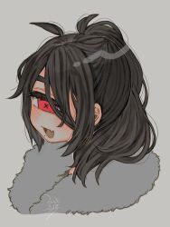 Rule 34 | 1girl, :d, ahoge, black hair, cyclops, dated, fang, fur collar, grey background, highres, mole, mole under eye, muroku (aimichiyo0526), one-eyed, open mouth, original, ponytail, portrait, red eyes, roa (muroku), signature, simple background, skin fang, smile, solo