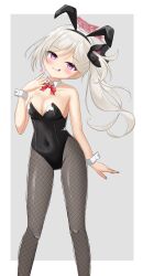 Rule 34 | 1girl, absurdres, animal ears, black leotard, blue archive, border, bow, bowtie, breasts, cleavage, detached collar, feet out of frame, fishnet pantyhose, fishnets, grey background, grey pantyhose, halo, head tilt, highres, leotard, long hair, looking at viewer, medium breasts, mutsuki (blue archive), numamizuki, pantyhose, playboy bunny, purple eyes, rabbit ears, red bow, red bowtie, red halo, side ponytail, solo, strapless, strapless leotard, tongue, tongue out, two-tone background, white border, white hair, wrist cuffs
