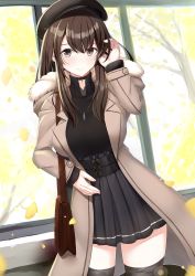 Rule 34 | 1girl, arm up, bag, beret, black choker, black hat, black shirt, black skirt, black thighhighs, blush, bow, breasts, brown bow, brown coat, brown eyes, brown hair, choker, closed mouth, coat, commentary request, fur-trimmed hood, fur trim, ginkgo leaf, ginkgo tree, hand in own hair, hat, hat bow, highres, hood, hood down, hooded coat, i.f.s.f, indoors, jewelry, leaf, long hair, long sleeves, medium breasts, open clothes, open coat, original, pendant, pleated skirt, shirt, shoulder bag, skirt, sleeves past wrists, smile, solo, standing, thighhighs, tree, window