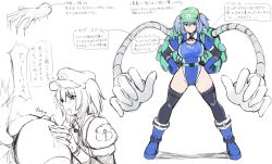 Rule 34 | 1girl, backpack, bag, black thighhighs, blue footwear, blue gloves, blue hair, blue one-piece swimsuit, boots, breasts, commentary request, competition swimsuit, gloves, green headwear, hair bobbles, hair ornament, hands on own hips, hat, highleg, highres, kawashiro nitori, large breasts, looking at viewer, mechanical arms, one-piece swimsuit, shetake, short twintails, single mechanical arm, sketch, smile, swimsuit, thighhighs, touhou, translation request, twintails
