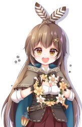 Rule 34 | 1girl, absurdres, ahoge, black gloves, black hair, brown capelet, brown eyes, brown hair, capelet, feather hair, feather hair ornament, feathers, flower, gloves, grandapple71, hair ornament, hairpin, head wreath, highres, holding, holding flower, hololive, hololive english, long hair, multicolored hair, nanashi mumei, nanashi mumei (1st costume), open mouth, partially fingerless gloves, ponytail, shirt, smile, solo, streaked hair, teeth, upper teeth only, virtual youtuber, white background, white hair, white shirt