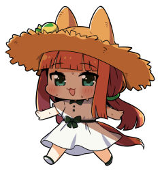 Rule 34 | 1girl, alternate costume, animal ears, aqua eyes, bow, chibi, dress, green bow, green footwear, hat, hat ornament, highres, hime cut, horse ears, horse girl, horse tail, long hair, looking at viewer, orange hair, plover, silence suzuka (umamusume), simple background, solo, straw hat, sun hat, sweat, tail, umamusume, very long hair, walking, white background, white dress