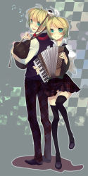 Rule 34 | 1boy, 1girl, accordion, aqua eyes, bad id, bad pixiv id, bagpipes, blonde hair, brother and sister, hair ribbon, highres, instrument, kagamine len, kagamine rin, legs, musical note, nicohi, pants, plaid, plaid pants, plaid skirt, ribbon, short hair, siblings, skirt, smile, thighhighs, twins, vocaloid, zettai ryouiki