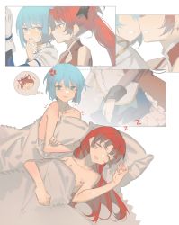 Rule 34 | 2girls, absurdres, aftersex, anger vein, bare arms, bite mark, blue eyes, blue hair, chinese commentary, closed eyes, closed mouth, collarbone, commentary request, finger in another&#039;s mouth, gloves, highres, hug, hug from behind, long hair, mahou shoujo madoka magica, mahou shoujo madoka magica (anime), miki sayaka, multiple girls, notice lines, nude, open mouth, parted lips, pillow, ponytail, red eyes, red hair, rin lingsong, sakura kyoko, short hair, sleeping, smile, spoken character, under covers, white gloves, yuri, zzz