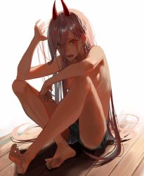 Rule 34 | 1girl, akuta vi, backlighting, bare legs, barefoot, between fingers, blue shorts, breasts, chainsaw man, commentary, cross-shaped pupils, crossed legs, demon girl, demon horns, dirty, dirty feet, dorsiflexion, elbows on knees, fangs, forest, full body, grey hair, hair between eyes, hand up, highres, holding, horns, knees up, long hair, looking at viewer, nature, open mouth, power (chainsaw man), red eyes, red horns, shorts, sitting, solo, symbol-shaped pupils, topless, very long hair, white background, wooden floor
