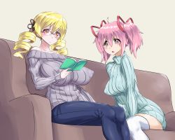 Rule 34 | 10s, 2girls, alternate breast size, artist request, bare shoulders, blonde hair, blush, book, breasts, casual, couch, covered erect nipples, drill hair, glasses, hair ribbon, highres, huge breasts, impossible clothes, impossible sweater, kaname madoka, large breasts, mahou shoujo madoka magica, mahou shoujo madoka magica (anime), mizuumi (bb), multiple girls, no bra, open book, open mouth, pants, pink eyes, pink hair, reading, ribbon, strapless, sweater, thighhighs, tomoe mami, twin drills, twintails, white legwear