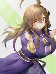 Rule 34 | 1girl, :o, absurdres, ahoge, belt, black belt, blush, breasts, brown eyes, brown hair, commentary request, commission, covered collarbone, cowboy shot, cross, dress, frills, green background, hair between eyes, hair over one eye, hands up, highres, kono subarashii sekai ni shukufuku wo!, large breasts, latin cross, long hair, long sleeves, looking at viewer, m.tokotsu, open mouth, pixiv commission, purple robe, robe, smile, solo, white background, wiz (konosuba)