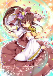 Rule 34 | 1girl, bad id, bad pixiv id, between fingers, blush, bow, brown eyes, brown hair, dancing, detached sleeves, embellished costume, female focus, flower, hair flower, hair ornament, hakurei reimu, holding, japanese clothes, light particles, long hair, miko, ofuda, outstretched arms, petals, ribbon, sarashi, skirt, solo, spread arms, tassel, touhou, wataame27