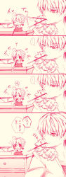 Rule 34 | 1boy, 1girl, ahoge, artoria pendragon (fate), blush, chibi, comic, dress, eating, fate/stay night, fate (series), food, gilgamesh (fate), happy, highres, long sleeves, monochrome, msg01, pocky, puffy cheeks, saber (fate), seiza, short hair, sitting, sitting on table, translation request