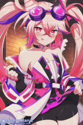 Rule 34 | 1girl, bare shoulders, belt, bike shorts, blush, breasts, choker, cleavage, clothes lift, collarbone, drill hair, elsword, fingerless gloves, gloves, goggles, goggles on head, heart, heart choker, jacket, laby (elsword), pink eyes, pointy ears, ribbon, slit pupils, small breasts, sollyz, tongue, tongue out, twins picaro (elsword), twintails