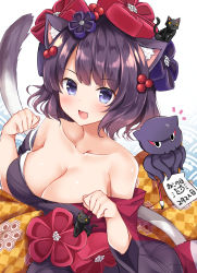 Rule 34 | 1girl, :d, animal ears, bare shoulders, blush, breasts, calligraphy brush, cat, cat day, cat ears, cat tail, cleavage, collarbone, dated, fang, fate/grand order, fate (series), flower, hair flower, hair ornament, highres, japanese clothes, katsushika hokusai (fate), kemonomimi mode, kimono, large breasts, looking at viewer, masayo (gin no ame), octopus, off shoulder, open mouth, paintbrush, paw pose, purple eyes, purple hair, short hair, smile, solo, tail, upper body