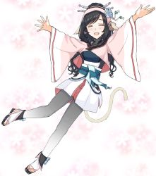 Rule 34 | 1girl, animal ears, aquaplus, arms up, black hair, breasts, cat tail, closed eyes, eyelashes, full body, hair ornament, hairband, high ponytail, highres, hip vent, kuon (utawarerumono), kuon apprentice, long hair, long sleeves, medium breasts, off shoulder, ongheaven, open mouth, outstretched arms, pantyhose, ponytail, sandals, sidelocks, skirt, sleeveless, solo, spread arms, swept bangs, tail, toes, utawarerumono, utawarerumono: itsuwari no kamen, utawarerumono: lost flag, very long hair, wavy hair, wide sleeves