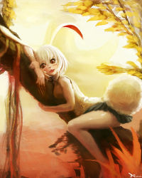 Rule 34 | 1girl, animal ears, blush, rabbit ears, rabbit tail, carrot (one piece), chestnut mouth, commentary request, ili104, in tree, looking at viewer, one piece, rabbit girl, red eyes, skirt, sleeveless, solo, tail, tree