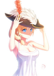Rule 34 | 1girl, adjusting clothes, adjusting headwear, arms up, bare arms, bare shoulders, blonde hair, blue eyes, breasts, cleavage, dress, female focus, hat, large breasts, no bra, rodney (warship girls r), sleeveless, sleeveless dress, solo, upper body, warship girls r, white dress, xiaoyin li