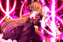 Rule 34 | 1girl, bad id, bad pixiv id, black dress, breasts, brown hair, chinese clothes, coccofyze, crescent, crescent moon, danmaku, dress, energy, energy ball, eye trail, finger in own mouth, floating, fox tail, glowing, glowing eyes, gradient background, hand up, hat, junko (touhou), light particles, light trail, long hair, long sleeves, looking at viewer, moon, pink eyes, red eyes, serious, sketch, solo, spell card, tabard, tail, touhou, wide sleeves