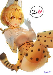 Rule 34 | 10s, 1girl, animal ears, ass, bad id, bad pixiv id, blonde hair, breasts, cross-laced clothes, elbow gloves, fur collar, gloves, hair between eyes, high-waist skirt, jellytits-7, kemono friends, large breasts, panties, serval (kemono friends), serval print, serval tail, shirt, short hair, signature, skirt, sleeveless, sleeveless shirt, solo, striped tail, tail, thighhighs, thighs, underwear, white panties, yellow eyes