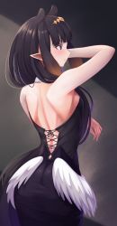 Rule 34 | 1girl, absurdres, antenna hair, back, back focus, backless dress, backless outfit, black dress, black hair, closed mouth, corset, dress, from behind, gradient hair, hair ornament, highres, hololive, hololive english, hoshino aoi (la huynh hai than), long hair, multicolored hair, ninomae ina&#039;nis, ninomae ina&#039;nis (1st costume), orange hair, pointy ears, shoulder blades, solo, tentacle hair, virtual youtuber