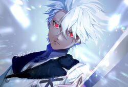 Rule 34 | 1boy, alternate eye color, alternate skin color, bleach, bleach: sennen kessen-hen, coat, collared coat, commentary request, dated, dutch angle, fur-trimmed coat, fur trim, garamgum, hair between eyes, hitsugaya toushirou, holding, holding sword, holding weapon, katana, looking at viewer, male focus, parted lips, red eyes, short hair, signature, simple background, sword, upper body, weapon, white coat, white hair, zanpakutou, zombification