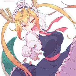 Rule 34 | 1girl, beads, blonde hair, blush, breasts, dragon girl, dragon horns, dragon tail, fang, gloves, hair beads, hair ornament, horns, horns through headwear, kobayashi-san chi no maidragon, large breasts, long hair, looking at viewer, maid, maid headdress, multicolored hair, necktie, open mouth, orange eyes, red necktie, scales, simple background, skin fang, slit pupils, solo, tail, tohru (maidragon), twintails, twitter username, white background, white gloves, yonezawa mao