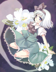 Rule 34 | 1girl, bad id, bad pixiv id, blue eyes, bob cut, bow, bowtie, female focus, floral background, flower, hairband, hitodama, jumping, konpaku youmu, konpaku youmu (ghost), midori (green tea), midori (pixiv), open mouth, outstretched arms, puffy sleeves, skirt, smile, solo, spread arms, touhou, vest, white hair
