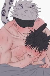 Rule 34 | 2boys, age difference, animal ears, black blindfold, black hair, blindfold, blush, closed eyes, collarbone, completely nude, fushiguro megumi, gojou satoru, grey hair, hand on another&#039;s chin, highres, implied sex, jujutsu kaisen, male focus, multiple boys, nude, open mouth, rabbit ears, ruki 1010, snow leopard ears, snow leopard tail, sweatdrop, teeth, yaoi